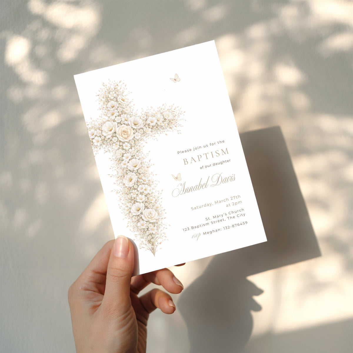 Vintage Floral Baptism Neutral Gold invitation suite