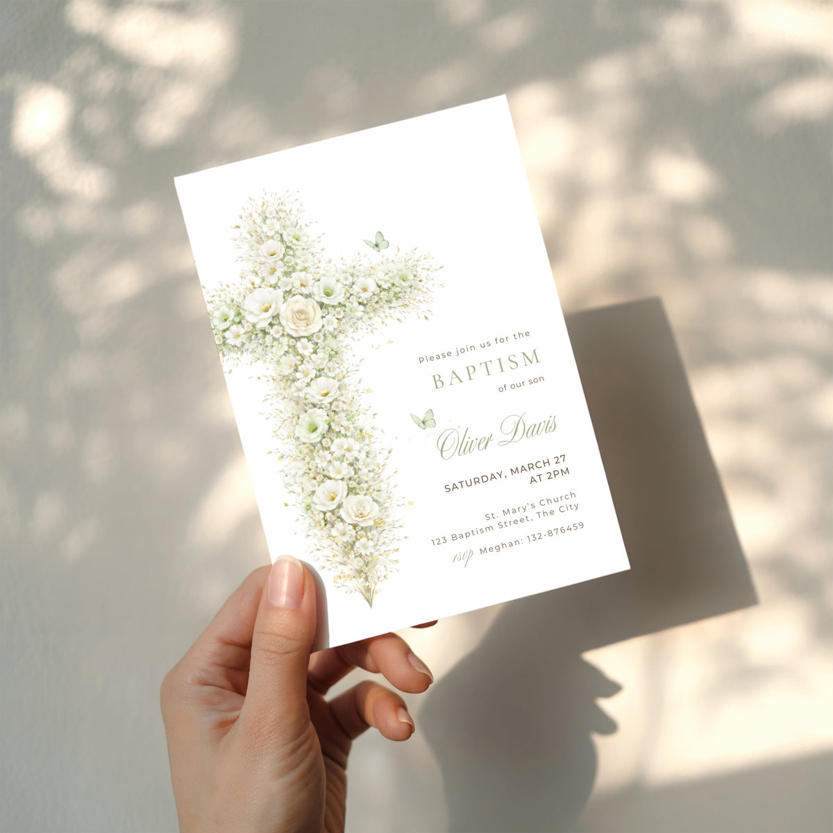 Vintage Floral Baptism Sage Green invitation suite