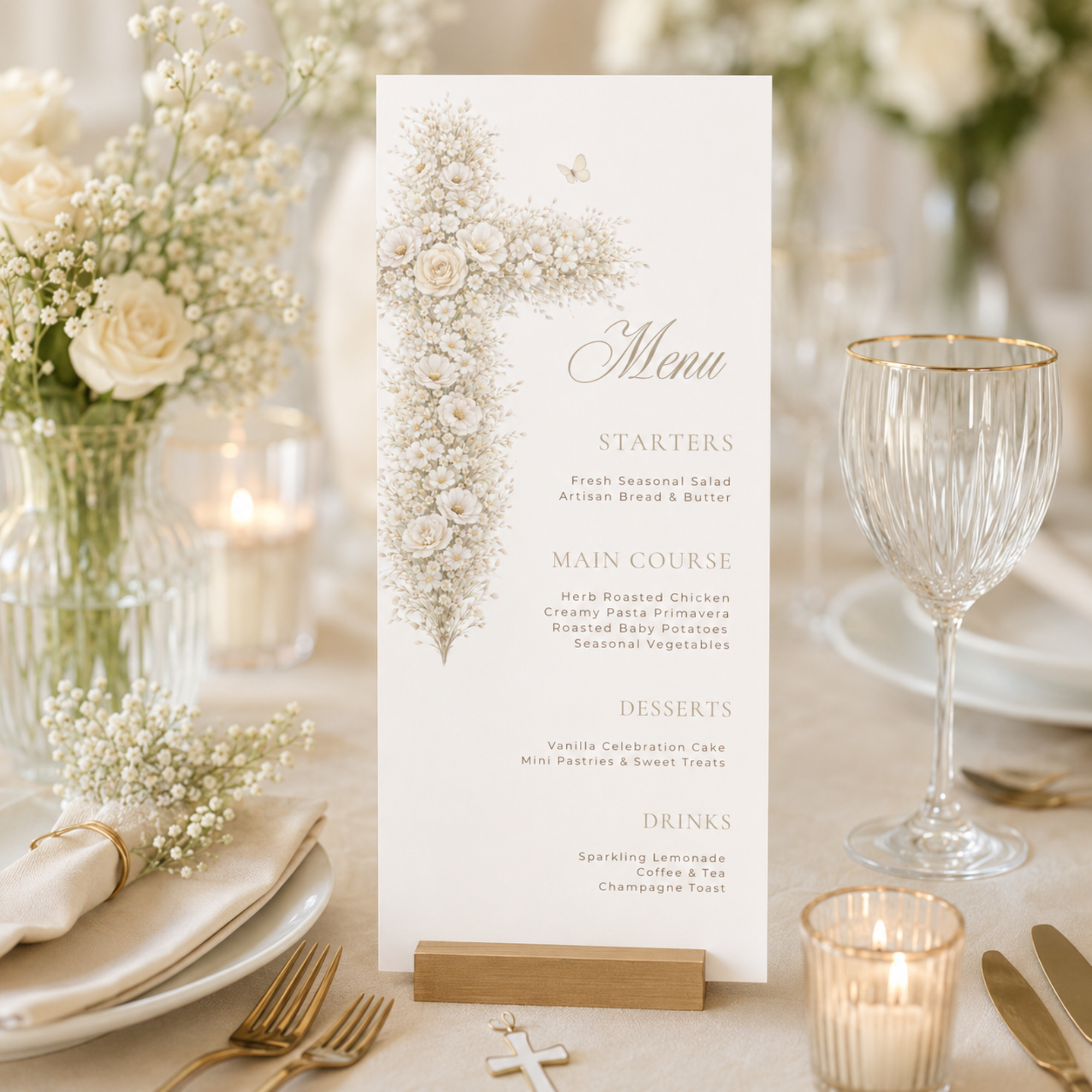 Vintage floral baptism menu card with neutral gold floral cross and elegant beige christening table menu design