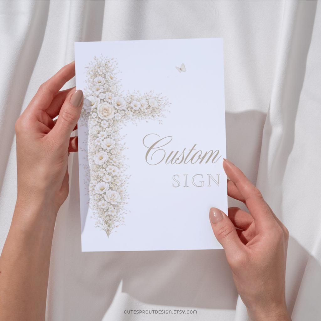Vintage floral baptism custom sign with neutral gold floral cross and elegant beige christening event signage design