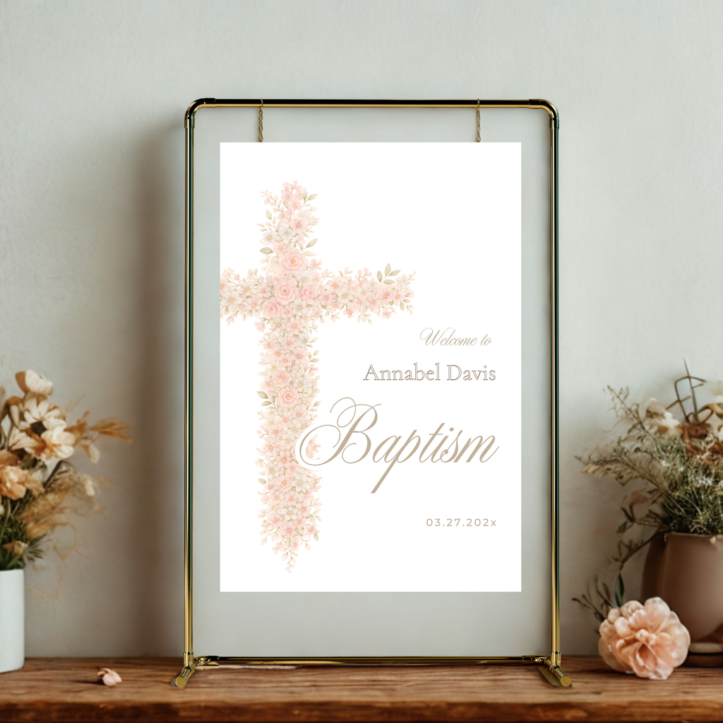 Soft pink floral baptism welcome sign with blush floral cross and elegant neutral religious design