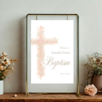 Soft pink floral baptism welcome sign with blush floral cross and elegant neutral religious design