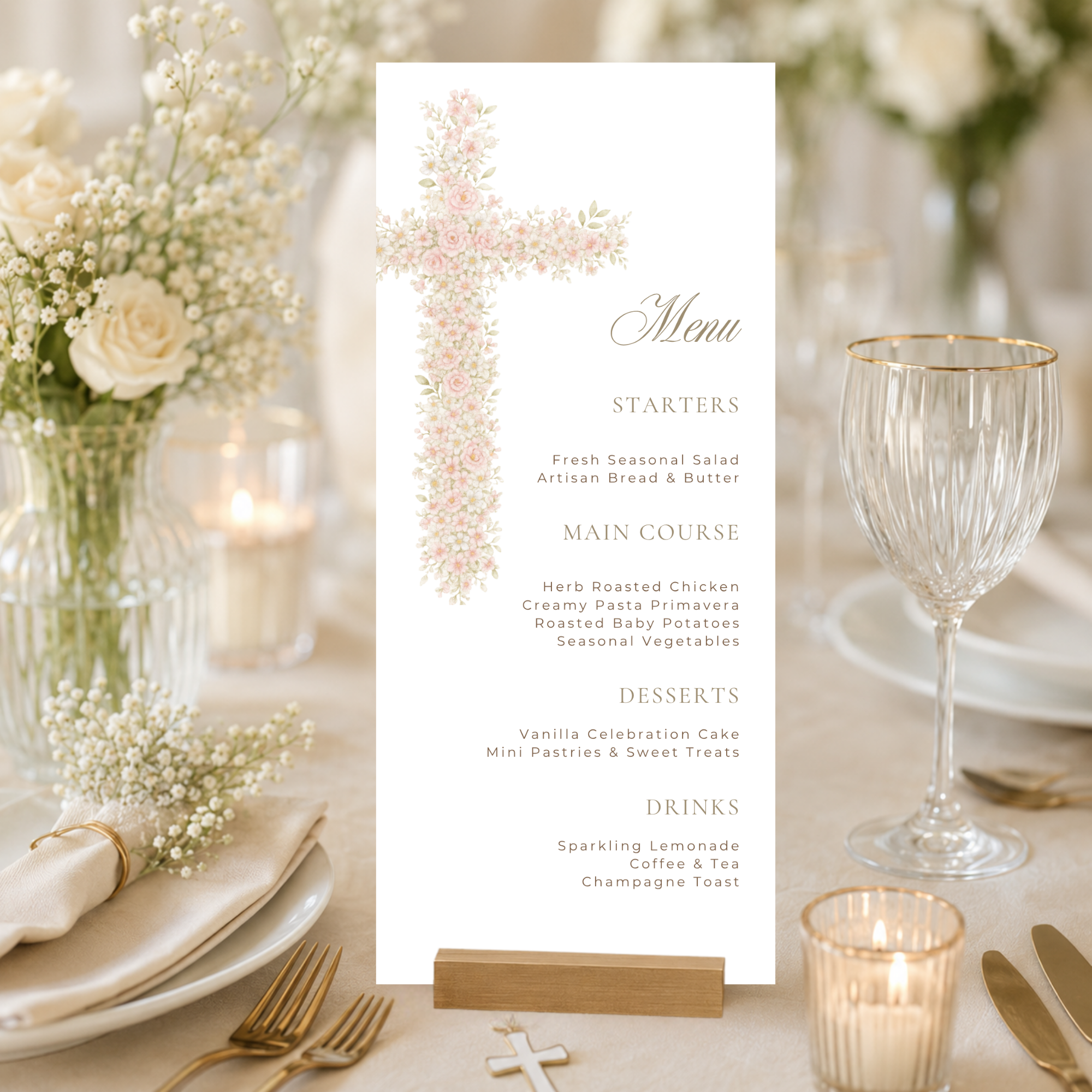 Soft pink floral baptism menu card with elegant blush floral cross and editable menu layout