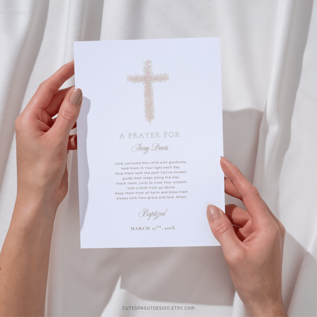 Soft pink floral baptism prayer sign with elegant blush floral cross and editable religious prayer layout