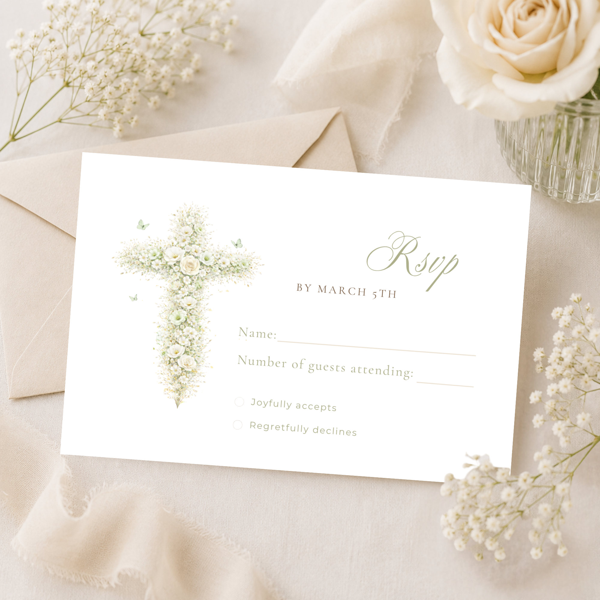 Elegant sage green floral baptism RSVP card with vintage floral cross editable in Canva for christening celebrations