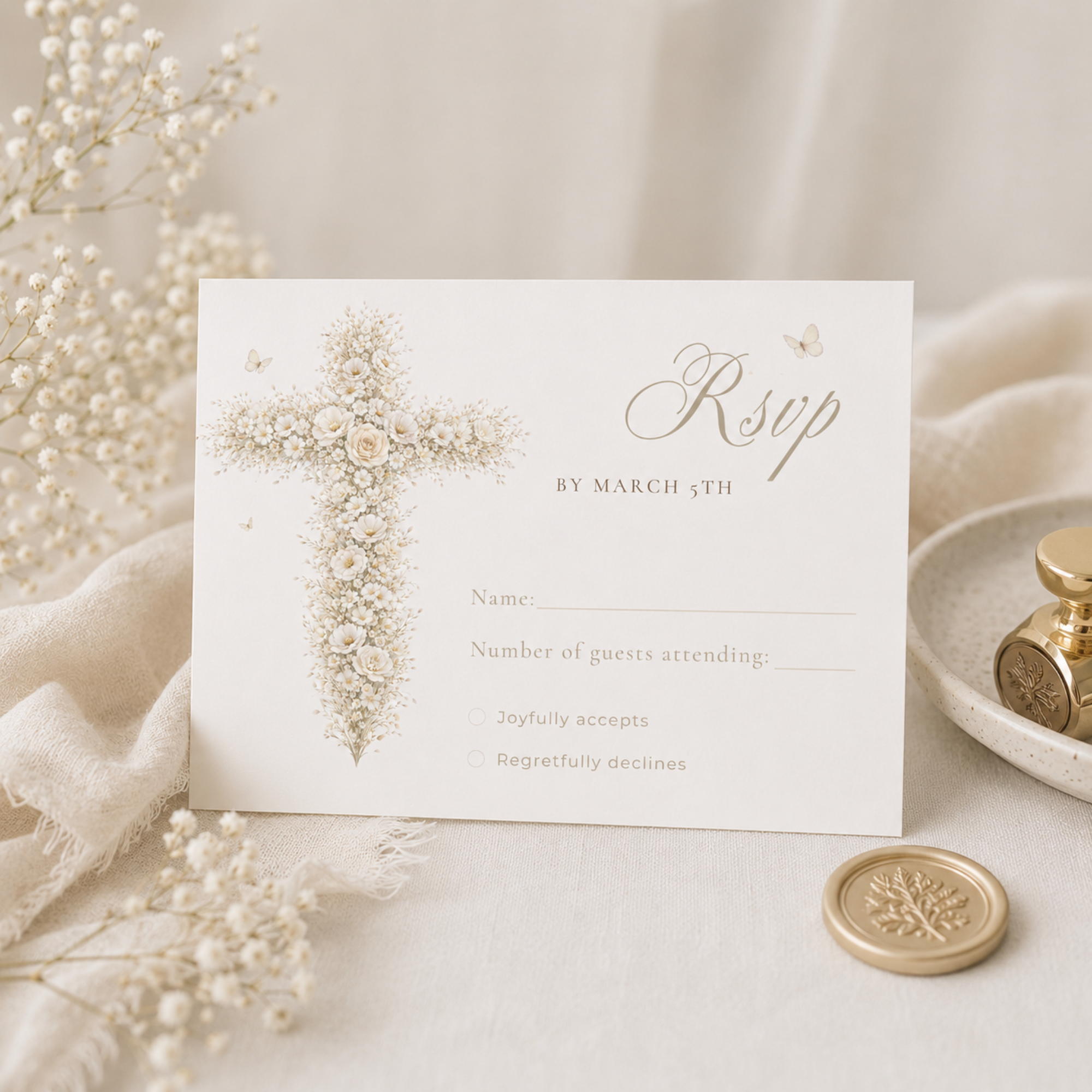 Vintage floral baptism RSVP card with neutral gold floral cross and elegant beige christening response design