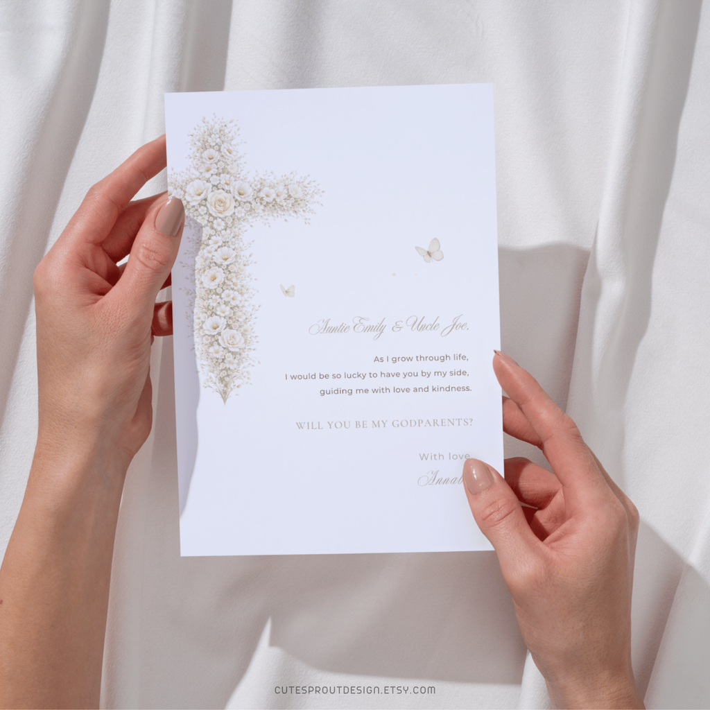 Vintage floral baptism godparents proposal card with neutral gold floral cross, soft beige tones, and elegant editable Canva design