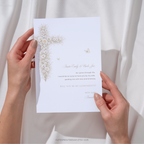 Vintage floral baptism godparents proposal card with neutral gold floral cross, soft beige tones, and elegant editable Canva design