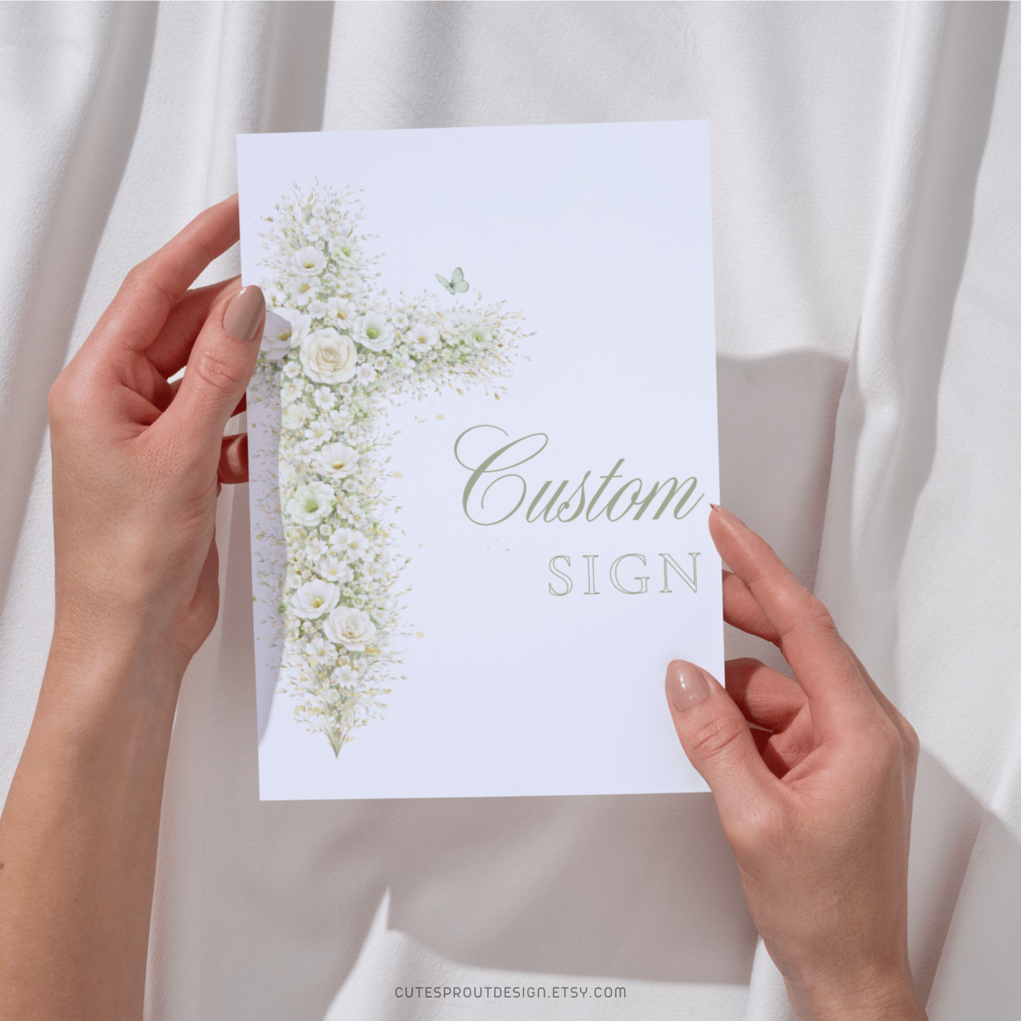 Elegant sage green floral baptism custom sign with vintage floral cross editable in Canva for christening celebrations