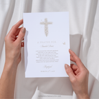 Vintage floral baptism prayer sign with neutral gold floral cross and elegant beige christening blessing design
