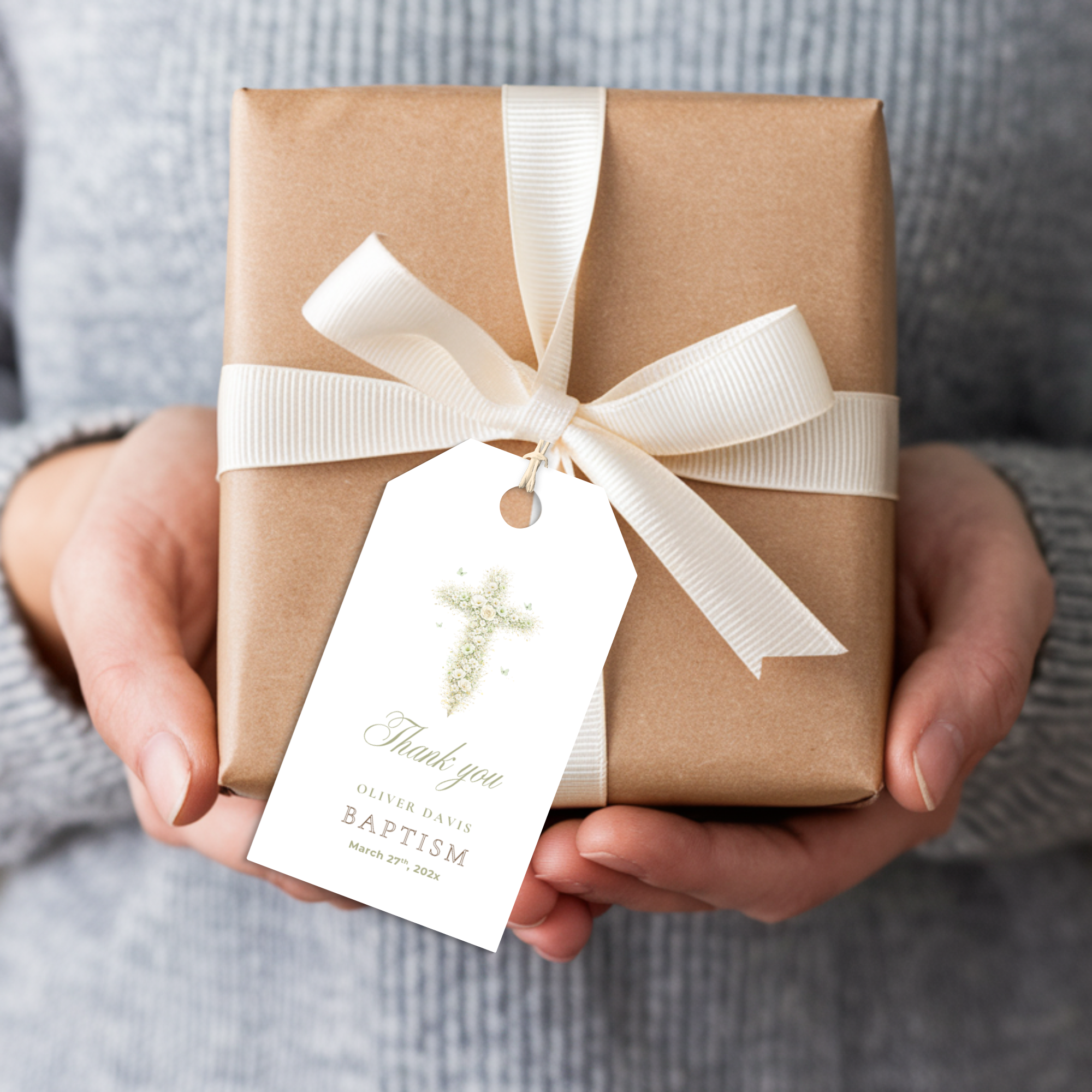 Elegant sage green floral baptism favor tag with vintage floral cross editable in Canva for gifts and party favors