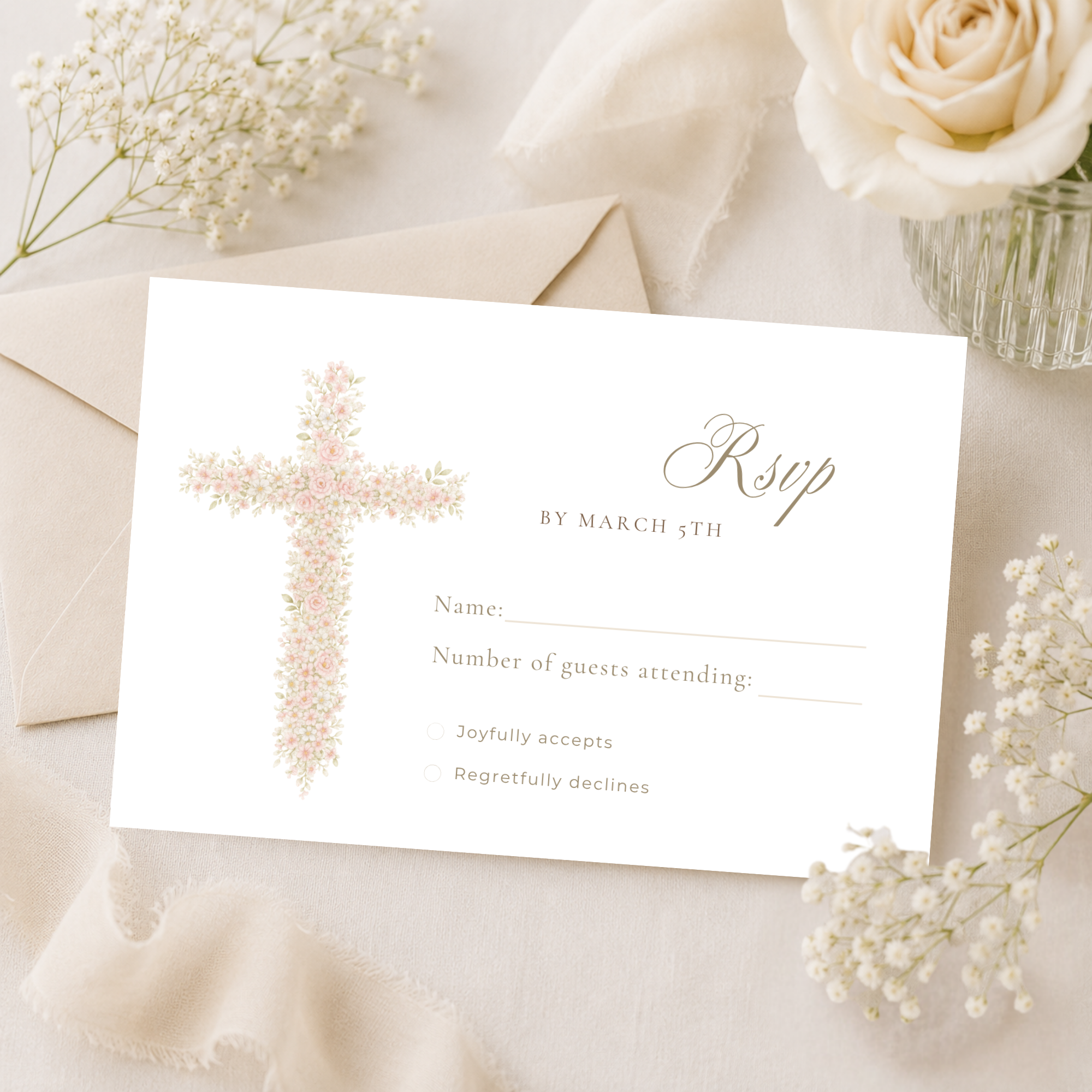 Soft pink floral baptism RSVP card with elegant blush floral cross and editable response details template