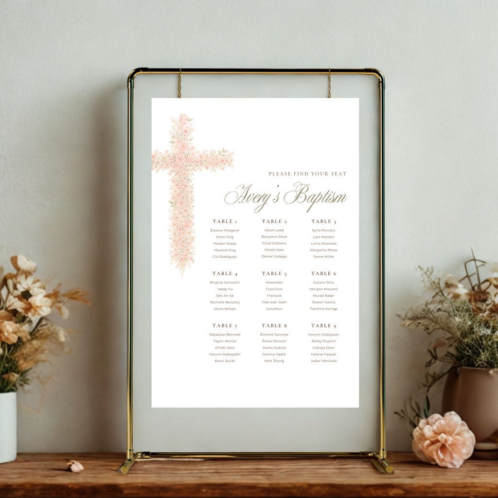 Soft pink floral baptism seating chart with elegant blush floral cross and editable table seating layout