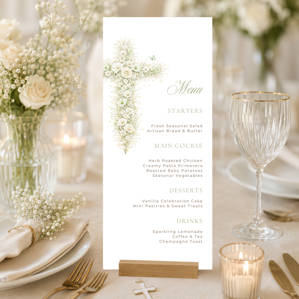 Elegant sage green floral baptism menu template with vintage floral cross editable in Canva for christening celebrations