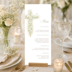 Elegant sage green floral baptism menu template with vintage floral cross editable in Canva for christening celebrations