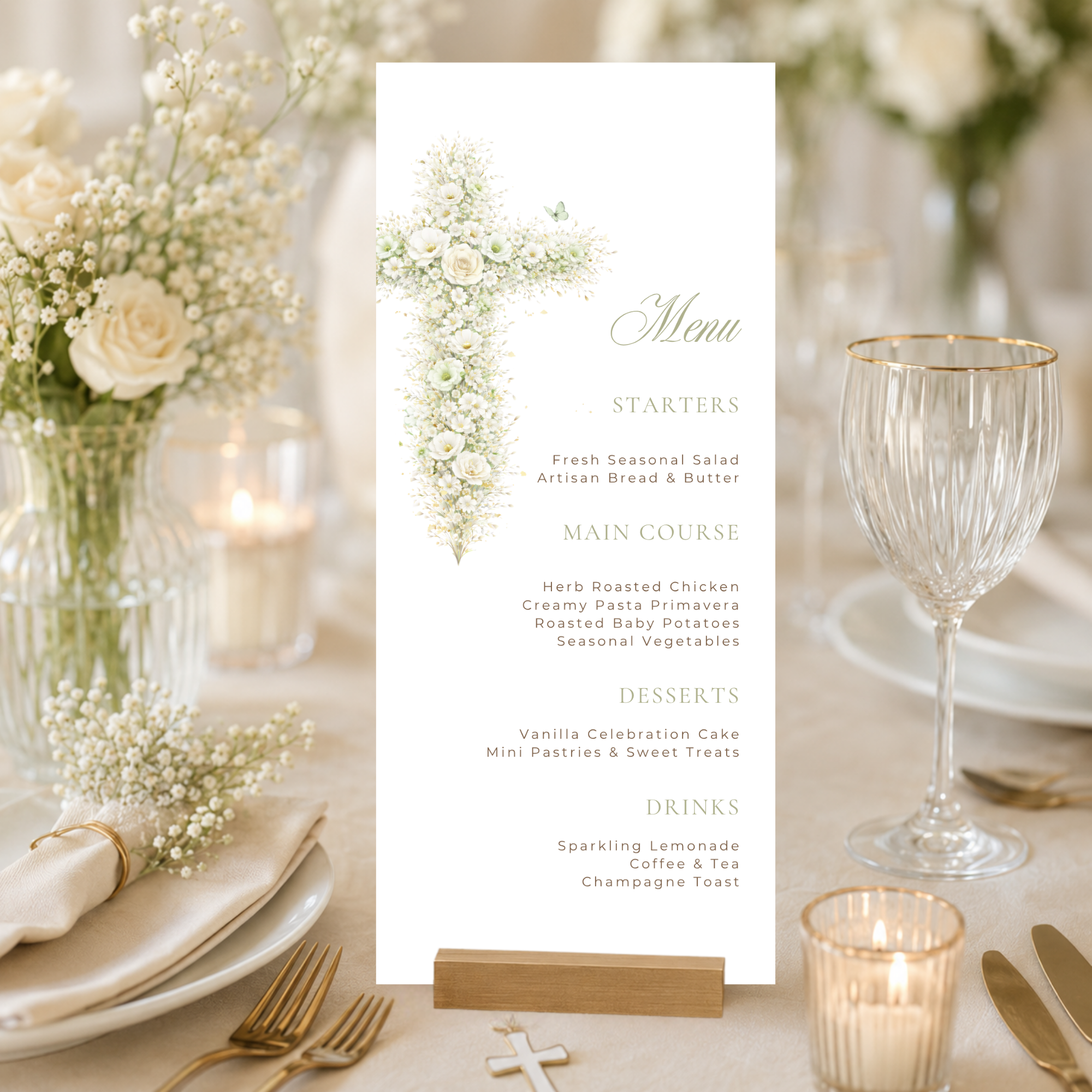 Elegant sage green floral baptism menu template with vintage floral cross editable in Canva for christening celebrations