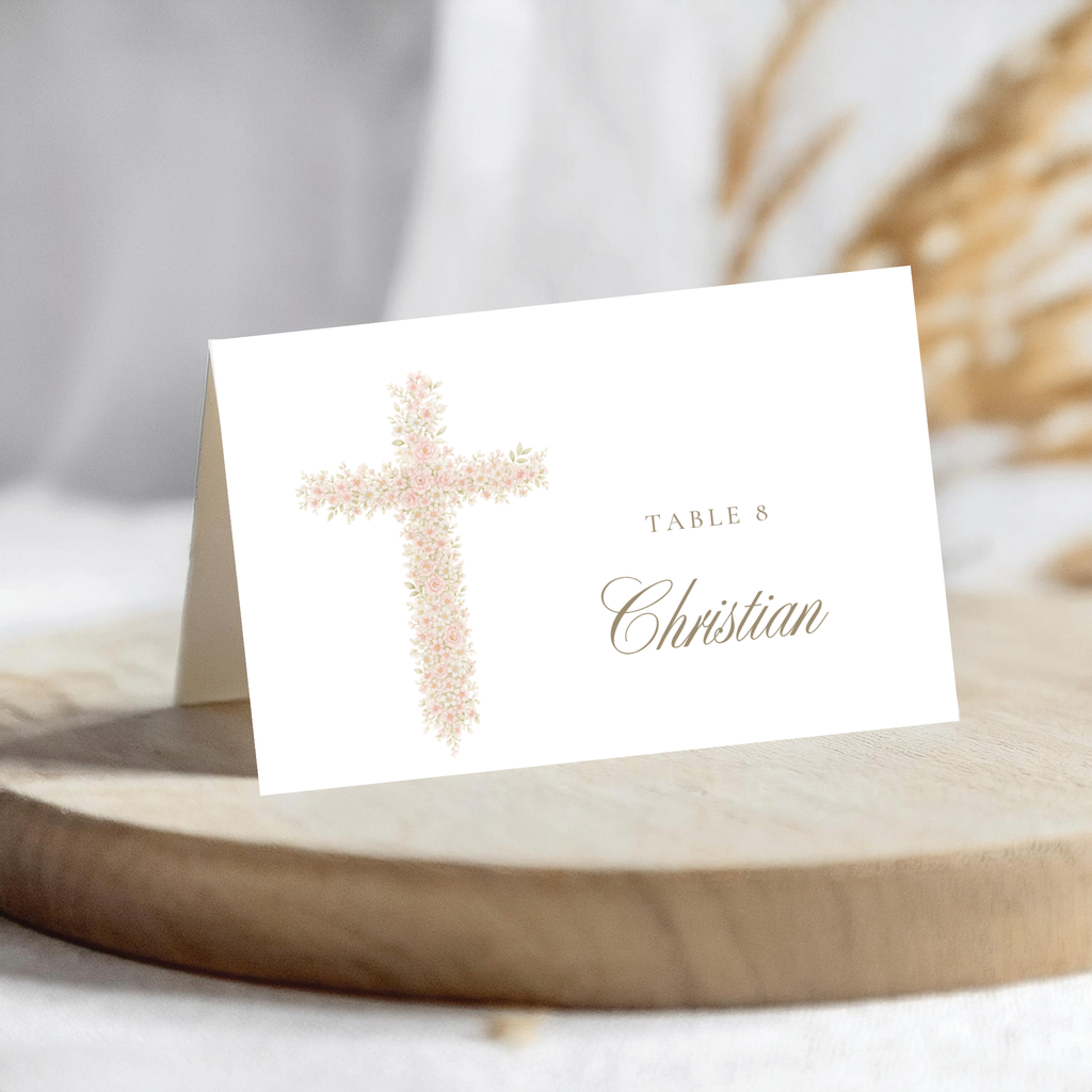 Soft pink floral baptism folded place card with blush floral cross and elegant seating card design