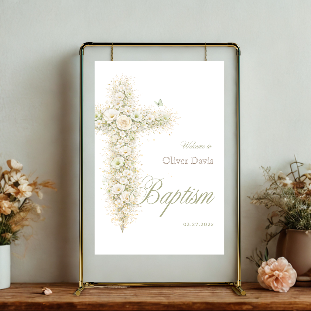 Vintage floral sage green baptism welcome sign with elegant floral cross and editable Canva template