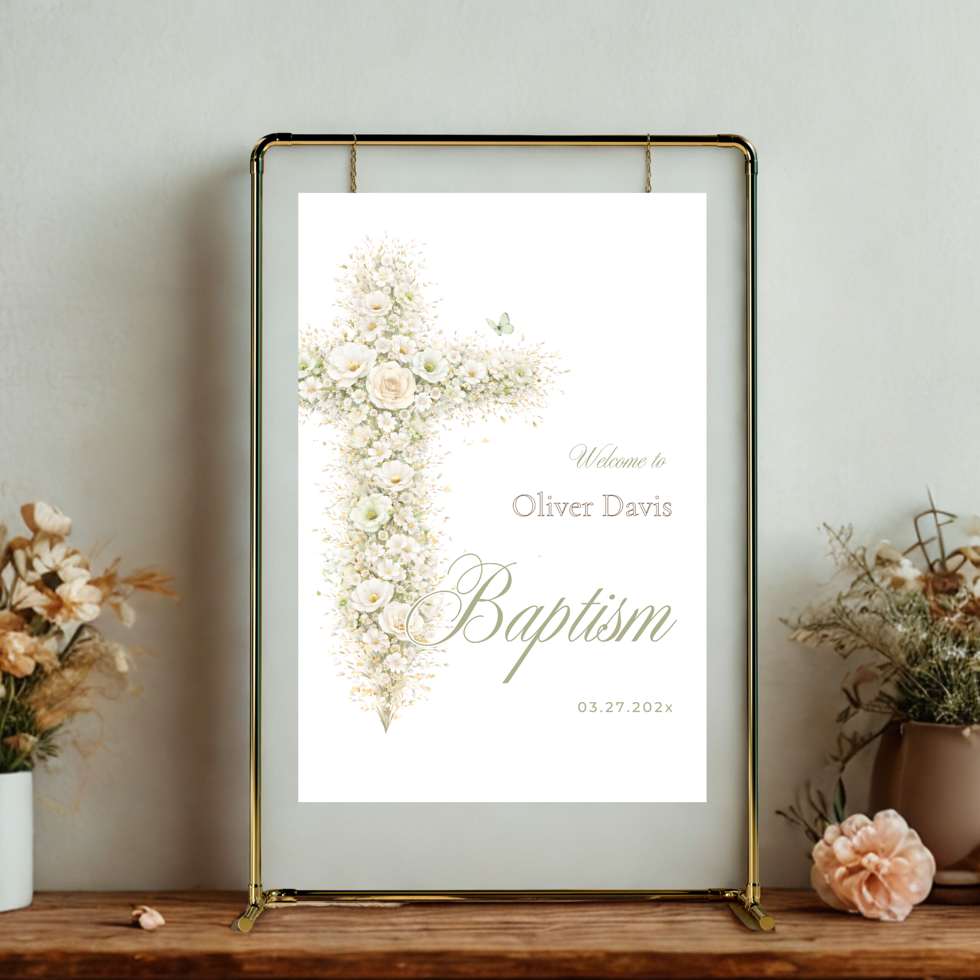 Vintage floral sage green baptism welcome sign with elegant floral cross and editable Canva template