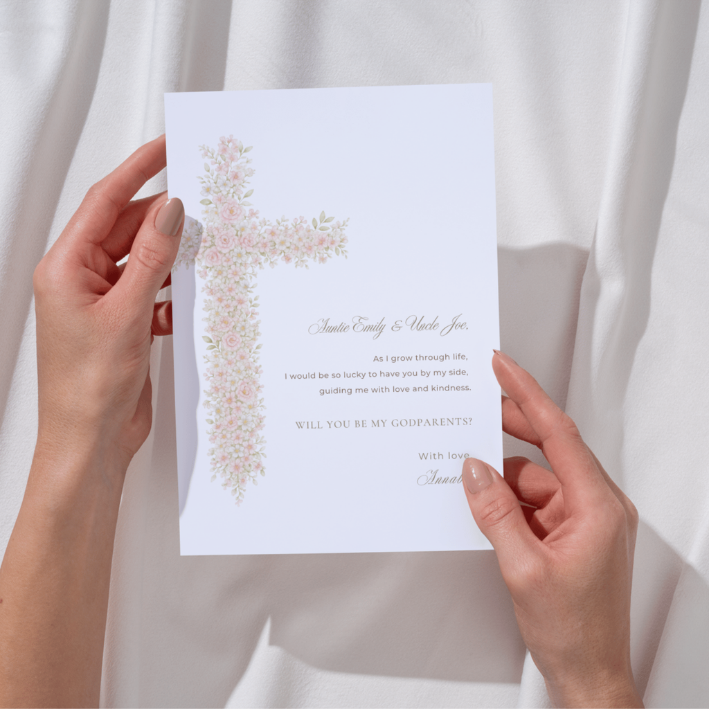 Soft pink floral baptism godparents proposal card with elegant blush floral cross and neutral religious design