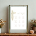 Elegant sage green floral baptism seating chart with vintage floral cross editable in Canva for christening celebrations