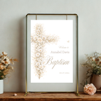 Vintage floral baptism welcome sign with neutral gold floral cross and elegant beige baptism theme