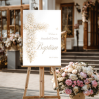 Vintage floral baptism welcome sign with neutral gold floral cross and elegant beige baptism theme