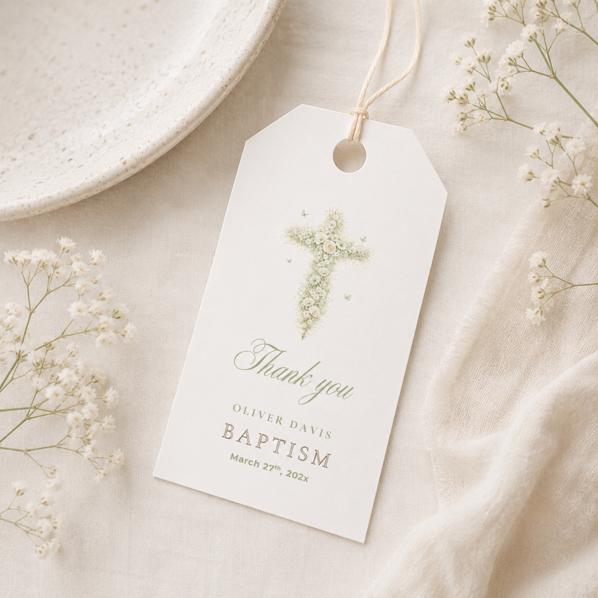 Elegant sage green floral baptism favor tag with vintage floral cross editable in Canva for gifts and party favors