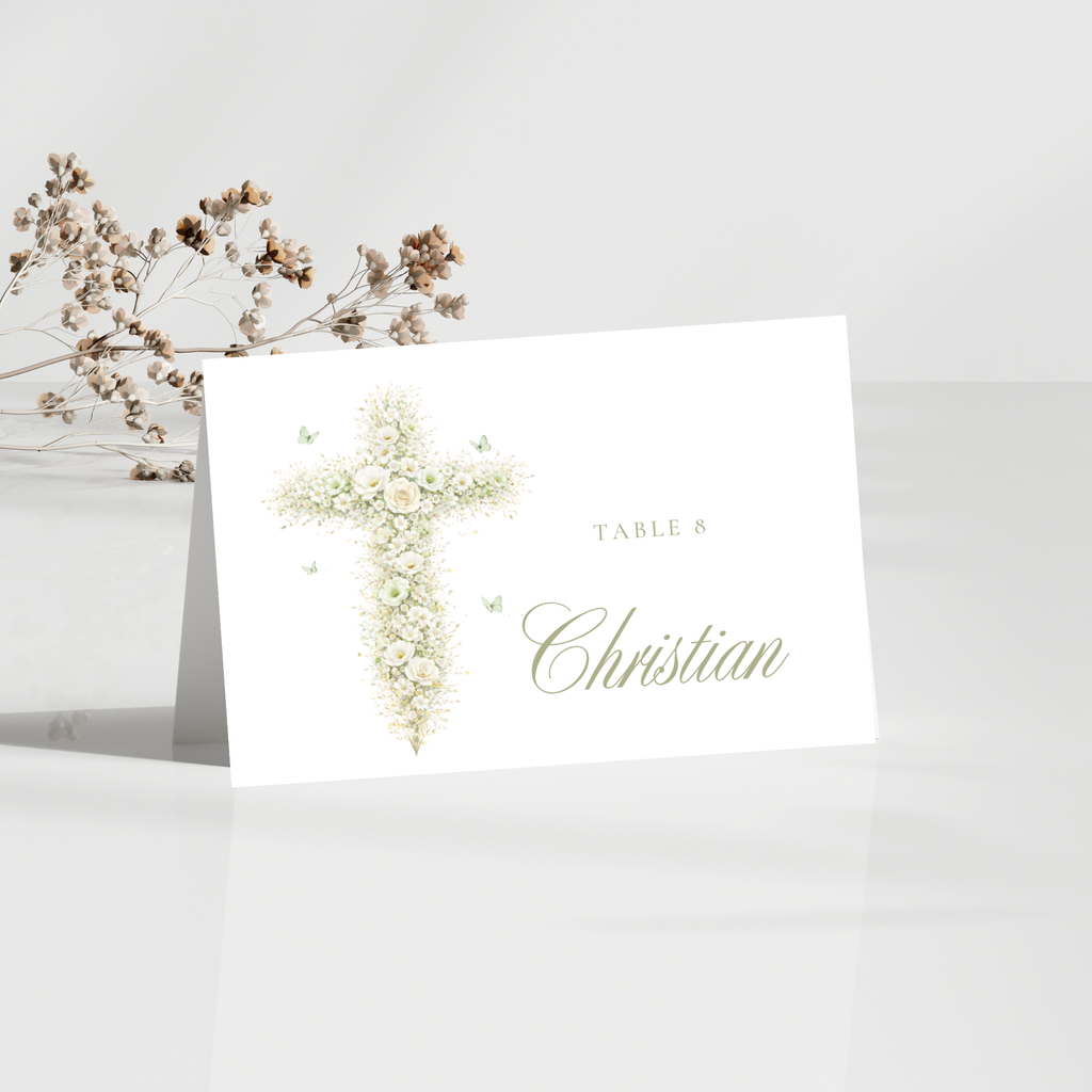 Vintage floral sage green baptism folded place card with elegant floral cross and editable seating template