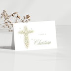 Vintage floral sage green baptism folded place card with elegant floral cross and editable seating template