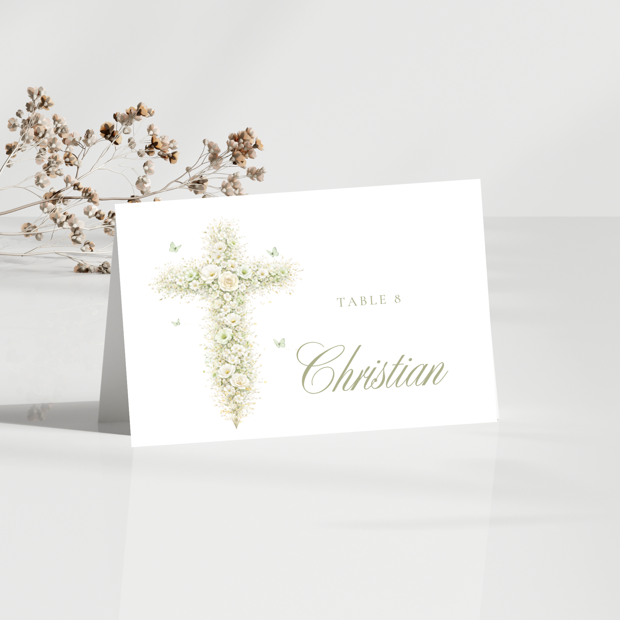 Vintage floral sage green baptism folded place card with elegant floral cross and editable seating template