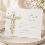 Elegant sage green floral baptism RSVP card with vintage floral cross editable in Canva for christening celebrations