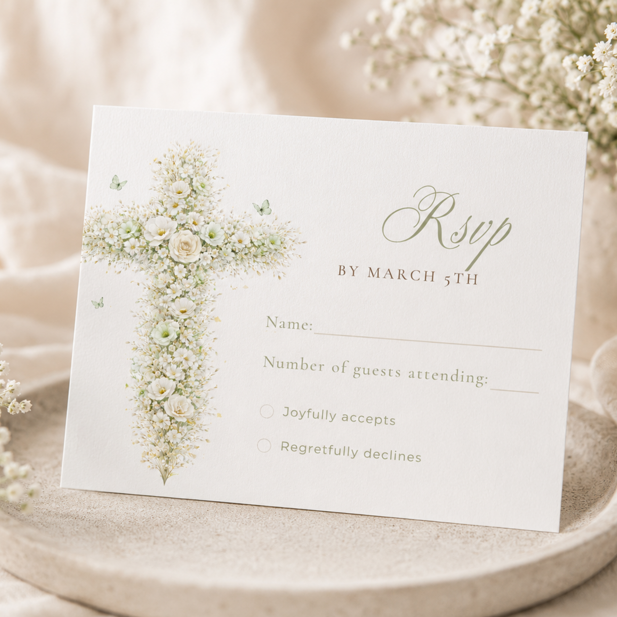 Elegant sage green floral baptism RSVP card with vintage floral cross editable in Canva for christening celebrations