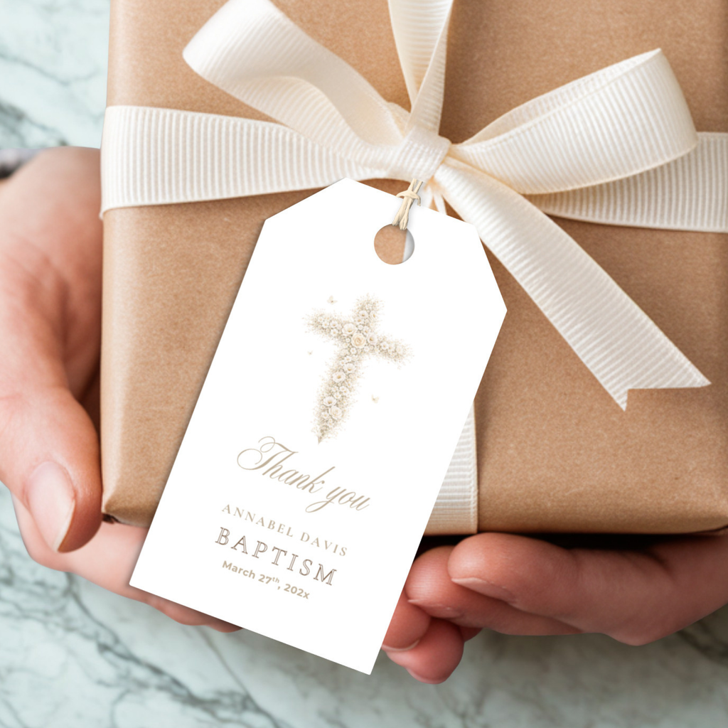 Vintage floral baptism favor tag with neutral gold floral cross design and elegant christening gift tag template