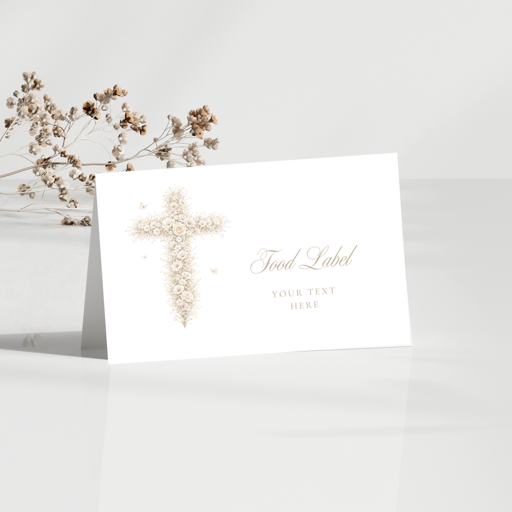 Vintage floral baptism food label with neutral gold floral cross and elegant beige christening buffet table card design