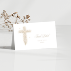 Vintage floral baptism food label with neutral gold floral cross and elegant beige christening buffet table card design