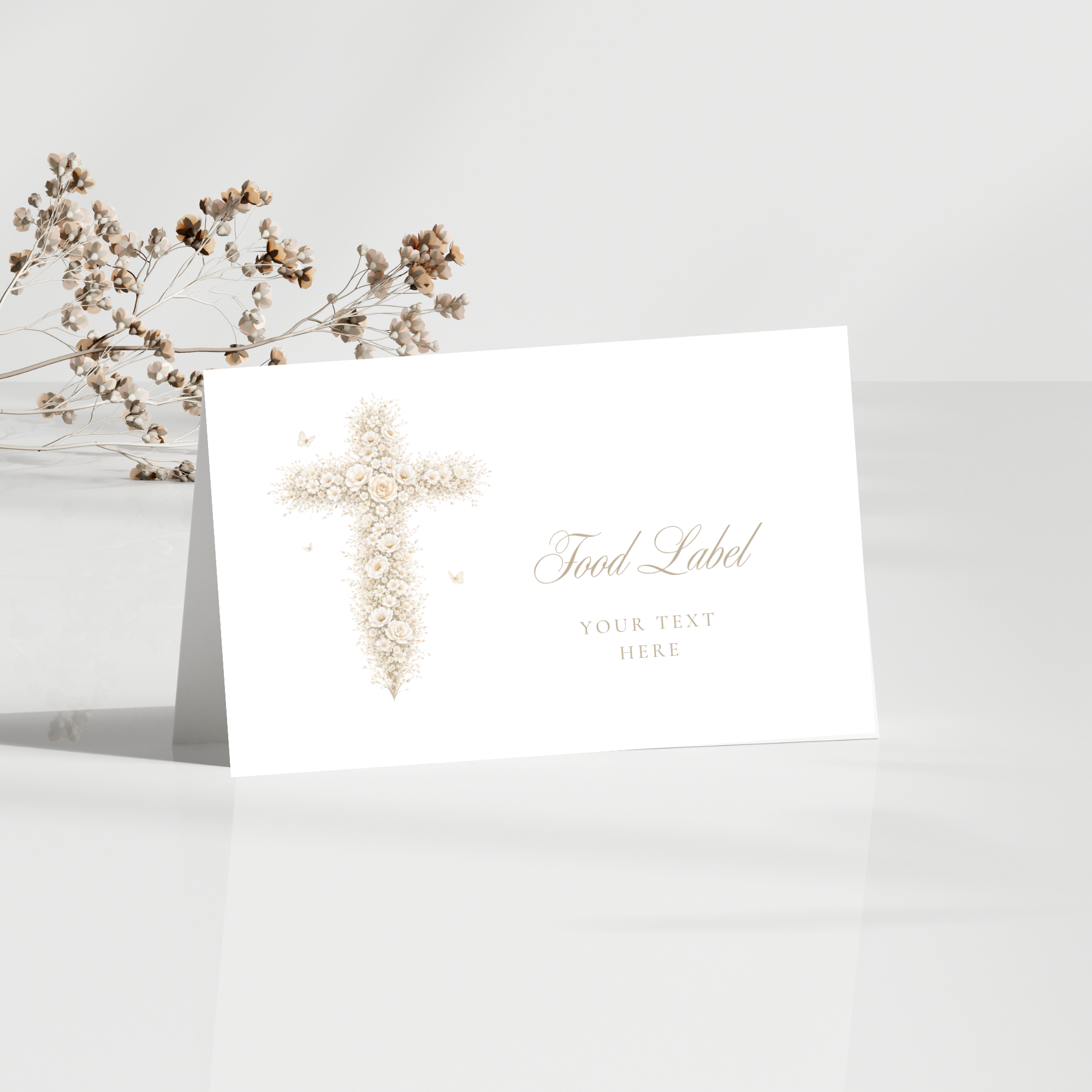 Vintage floral baptism food label with neutral gold floral cross and elegant beige christening buffet table card design
