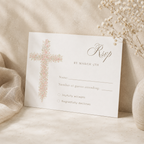 Soft pink floral baptism RSVP card with elegant blush floral cross and editable response details template