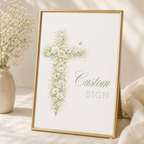 Elegant sage green floral baptism custom sign with vintage floral cross editable in Canva for christening celebrations