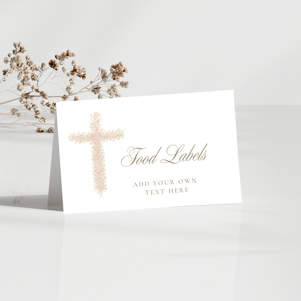 Soft pink floral baptism food labels with elegant blush floral cross and editable folded tent card design