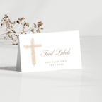 Soft pink floral baptism food labels with elegant blush floral cross and editable folded tent card design