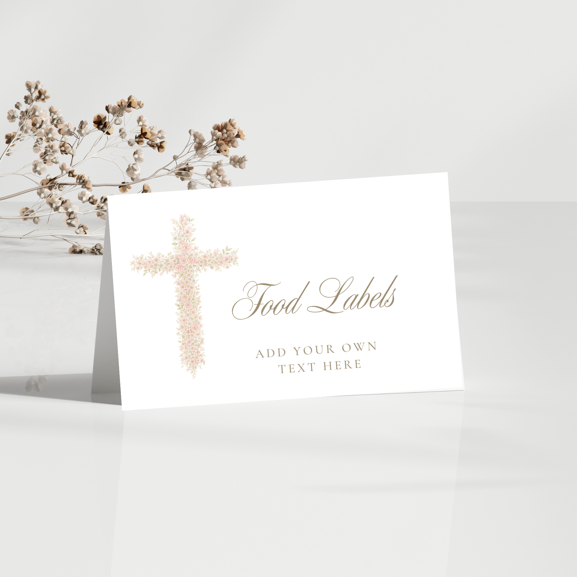 Soft pink floral baptism food labels with elegant blush floral cross and editable folded tent card design