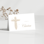Vintage floral baptism folded place card with neutral gold floral cross and elegant beige religious celebration design