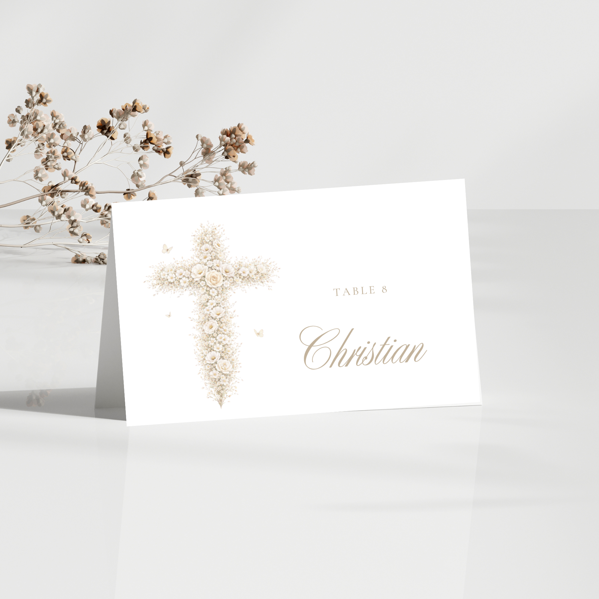 Vintage floral baptism folded place card with neutral gold floral cross and elegant beige religious celebration design