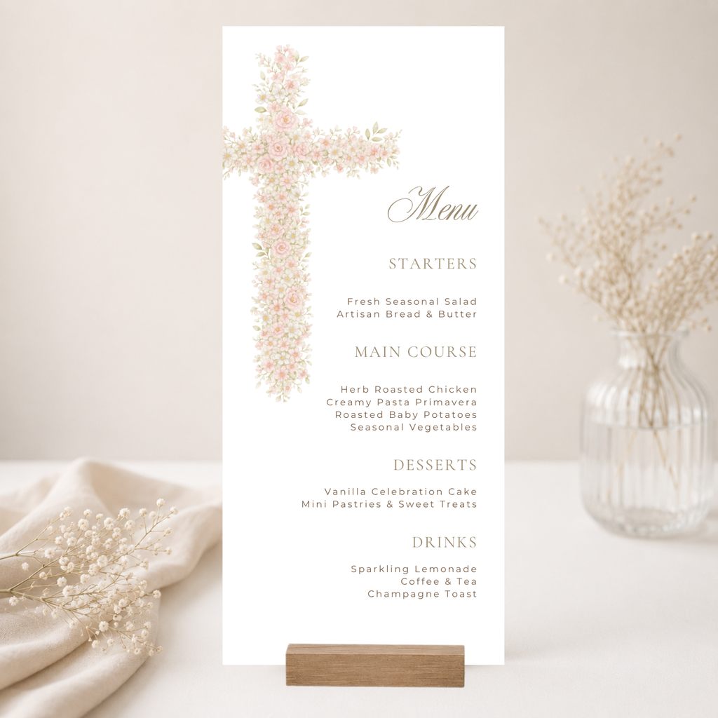 Soft pink floral baptism menu card with elegant blush floral cross and editable menu layout