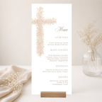 Soft pink floral baptism menu card with elegant blush floral cross and editable menu layout