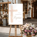 Soft pink floral baptism welcome sign with blush floral cross and elegant neutral religious design