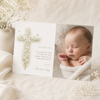 Vintage floral sage green baptism thank you card with baby photo and elegant floral cross editable in Canva
