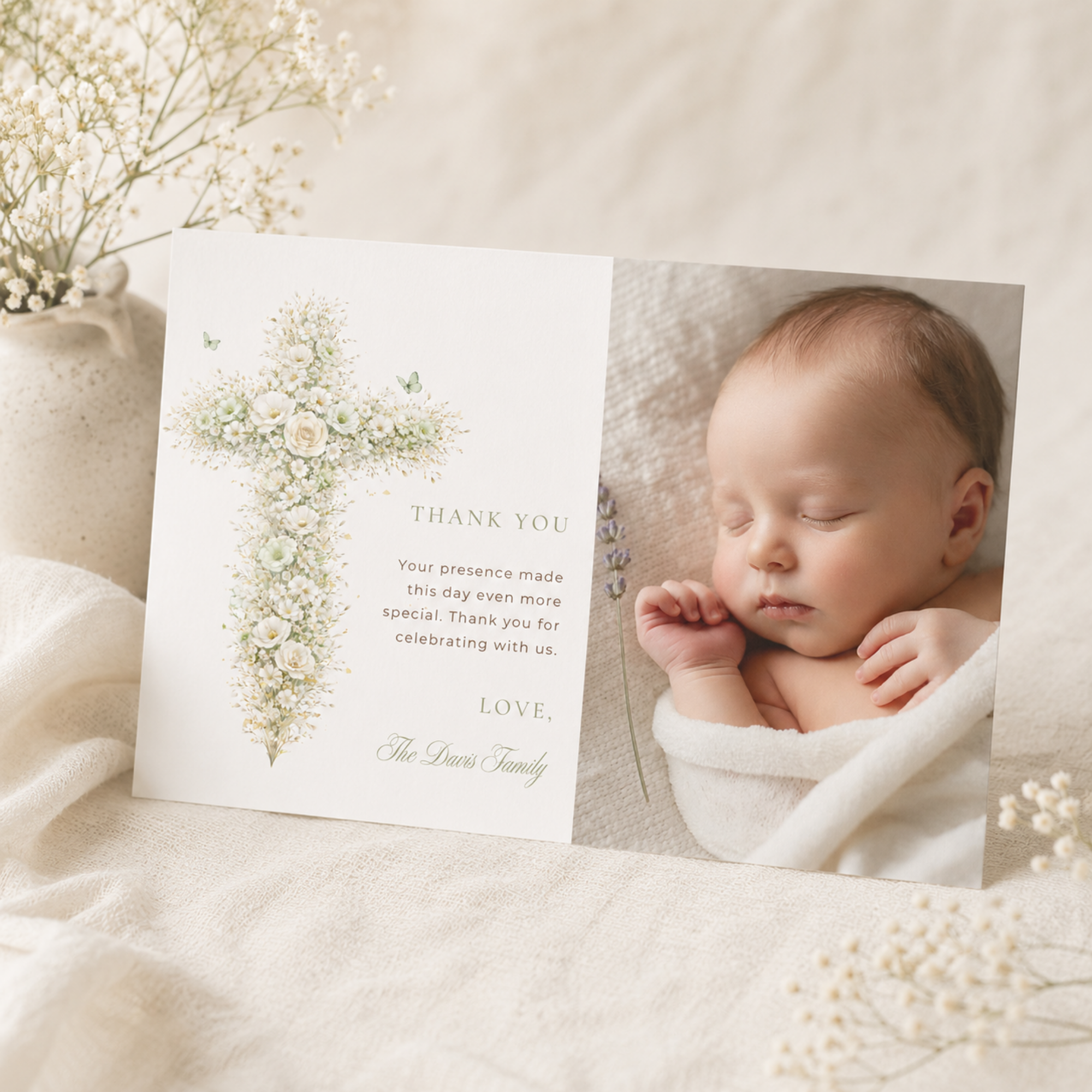 Vintage floral sage green baptism thank you card with baby photo and elegant floral cross editable in Canva