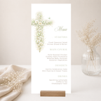 Elegant sage green floral baptism menu template with vintage floral cross editable in Canva for christening celebrations